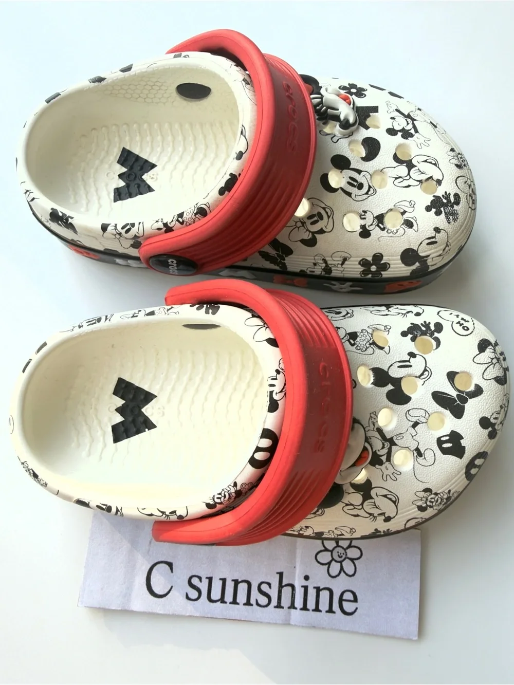 CROCS Mickey Mouse, Minnie, mouse Print Clogs with Red Straps